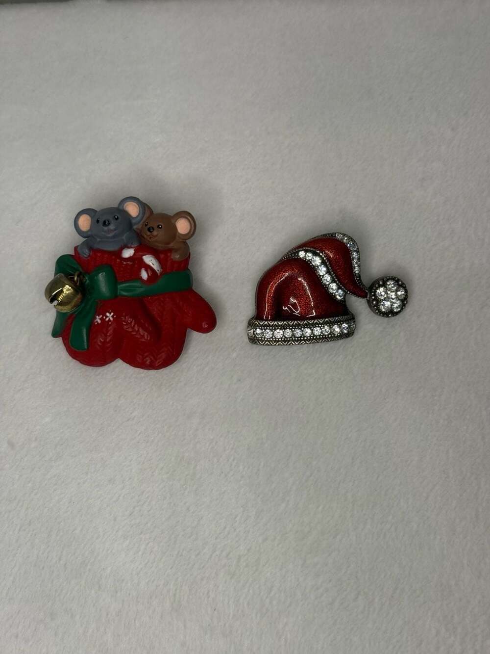 Christmas Brooch Pin Lot of 2 Red Rhinestone Santa Hat Mice Mittens Jingle Bell